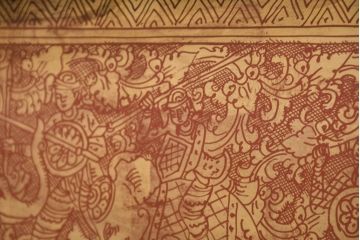 アンティーク　東南アジア美術　タイ?　ビルマ?　工芸品　戦士と寺院建築が全面に描かれた精細な彫刻入りのブランケットボックス(木箱、コファー、収納箱)(R-082431)