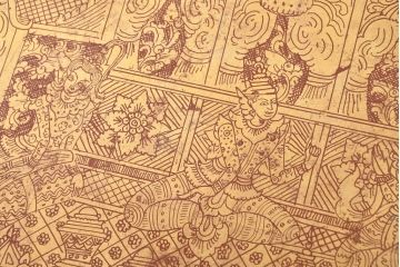 アンティーク　東南アジア美術　タイ?　ビルマ?　工芸品　戦士と寺院建築が全面に描かれた精細な彫刻入りのブランケットボックス(木箱、コファー、収納箱)(R-082431)