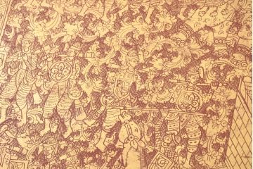アンティーク　東南アジア美術　タイ?　ビルマ?　工芸品　戦士と寺院建築が全面に描かれた精細な彫刻入りのブランケットボックス(木箱、コファー、収納箱)(R-082431)