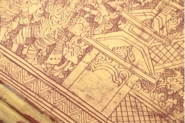 アンティーク　東南アジア美術　タイ?　ビルマ?　工芸品　戦士と寺院建築が全面に描かれた精細な彫刻入りのブランケットボックス(木箱、コファー、収納箱)(R-082431)