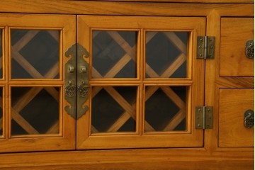 アジアンヴィンテージ　超美品!!　使用感ほぼなし　李朝デザイン　総無垢材　ワインラック付き　洗練されたデザインが美しい二段重ねキャビネット　(R-082472)