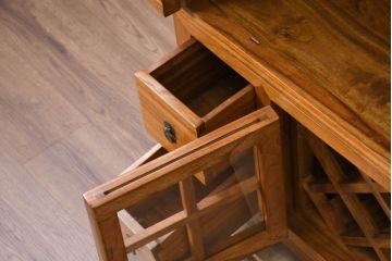 アジアンビンテージ　超美品!!　使用感ほぼなし　李朝デザイン　総無垢材　ワインラック付き　洗練されたデザインが美しい二段重ねキャビネット(カップボード、食器棚、飾り棚、陳列棚、収納棚、戸棚、店舗什器、ヴィンテージ)(R-082472)