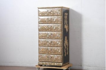 中古　超美品!!　もはや美術品!!　最高級　統一工芸研究院 吉正本　美しい螺鈿(ラデン)細工が目を引く存在感抜群の縦型チェスト(サイドチェスト、引き出し)(定価推定約150万円以上)(R-082490)