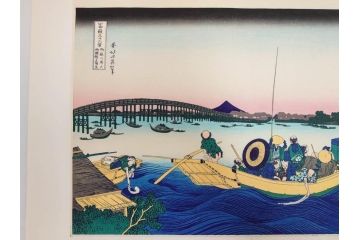 復刻版　昭和37年　加藤版画研究所　葛飾北斎　冨嶽三十六景　木版画7点セット(浮世絵、甲州伊沢暁、五百らかん寺さざゐどう、武陽佃島、御厩川岸より両国夕陽見、上総ノ海路、東海道品川御殿山ノ不二、東海道金谷ノ不二)(R-082518)