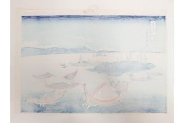 復刻版　昭和37年　加藤版画研究所　葛飾北斎　冨嶽三十六景　木版画7点セット(浮世絵、甲州伊沢暁、五百らかん寺さざゐどう、武陽佃島、御厩川岸より両国夕陽見、上総ノ海路、東海道品川御殿山ノ不二、東海道金谷ノ不二)(R-082518)