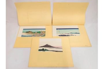復刻版　昭和37年　加藤版画研究所　葛飾北斎　冨嶽三十六景　木版画7点セット(浮世絵、甲州伊沢暁、五百らかん寺さざゐどう、武陽佃島、御厩川岸より両国夕陽見、上総ノ海路、東海道品川御殿山ノ不二、東海道金谷ノ不二)(R-082518)