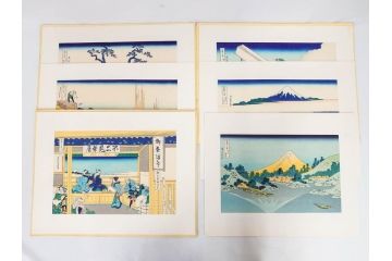 加藤版画研究所　京都版画院品川版　葛飾北斎　冨嶽三十六景　木版画6点セット(浮世絵、東海道吉田、甲州三坂水面、信州諏訪湖、本所立川、武州玉川、遠江山中)(R-082519)