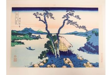 加藤版画研究所　京都版画院品川版　葛飾北斎　冨嶽三十六景　木版画6点セット(浮世絵、東海道吉田、甲州三坂水面、信州諏訪湖、本所立川、武州玉川、遠江山中)(R-082519)