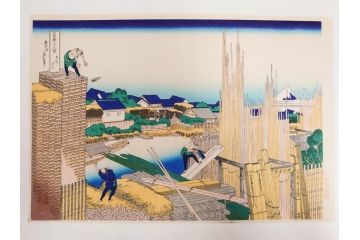 加藤版画研究所　京都版画院品川版　葛飾北斎　冨嶽三十六景　木版画6点セット(浮世絵、東海道吉田、甲州三坂水面、信州諏訪湖、本所立川、武州玉川、遠江山中)(R-082519)