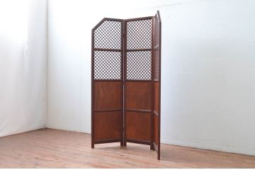 中古　美品　カントリーハウス　秋山木工(職人堅木)　組子細工が美しい3連パーテーション(衝立て、つい立て、間仕切り、折り畳み)(R-082548)