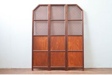 中古　美品　カントリーハウス　秋山木工(職人堅木)　組子細工が美しい3連パーテーション(衝立て、つい立て、間仕切り、折り畳み)(R-082548)