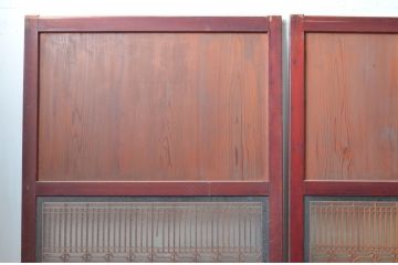 アンティーク建具　両面ガラス　赤みがかった木色が趣のある組子入りのガラス帯戸4枚セット(引き戸、板戸、ガラス戸、帯戸)(R-082551)