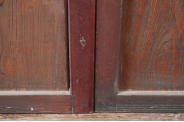 アンティーク建具　両面ガラス　赤みがかった木色が趣のある組子入りのガラス帯戸4枚セット(引き戸、板戸、ガラス戸、帯戸)(R-082551)