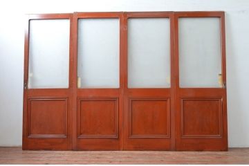 アンティーク建具　腰板欅(欅)材　どこか懐かしい雰囲気感じる幅狭ガラス戸4枚セット(引き戸、板戸)(R-082552)