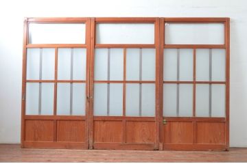 アンティーク建具　使いこまれた木が味わい深い玄関戸3枚セット(引き戸、ガラス戸)(R-082559)
