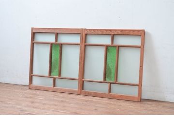  アンティーク建具　大正ロマン　色ガラス入りの窓2枚セット(ガラス戸、引き戸)(R-082566)