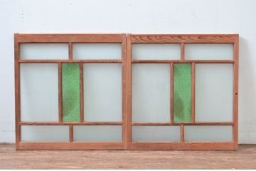  アンティーク建具　大正ロマン　色ガラス入りの窓2枚セット(ガラス戸、引き戸)(R-082566)