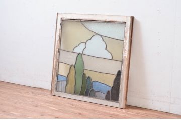 アンティーク建具　レトロな雰囲気が魅力のステンドグラス窓1枚(明り取り、明かり取り、ステンドガラス、ガラス欄間)(R-082570)