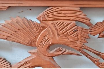 ビンテージ建具　鶴と松の図柄が魅力的な彫刻欄間2枚セット(明かり取り、明り取り、ヴィンテージ)(R-082576)