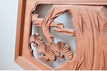 ビンテージ建具　鶴と松の図柄が魅力的な彫刻欄間2枚セット(明かり取り、明り取り、ヴィンテージ)(R-082576)