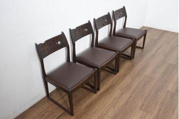 中古　超美品　元祖軽井沢彫　大坂屋家具店　繊細な桜の彫りが見事なKチェア4脚セット(軽井沢彫り、ダイニングチェア、椅子、イス、透かし彫り、バラ売り可能)(定価4脚で約100万円)(R-082595)