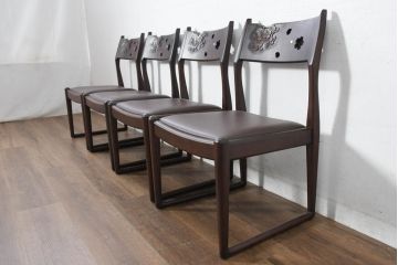 中古　超美品　元祖軽井沢彫　大坂屋家具店　繊細な桜の彫りが見事なKチェア4脚セット(軽井沢彫り、ダイニングチェア、椅子、イス、透かし彫り、バラ売り可能)(定価4脚で約100万円)(R-082595)