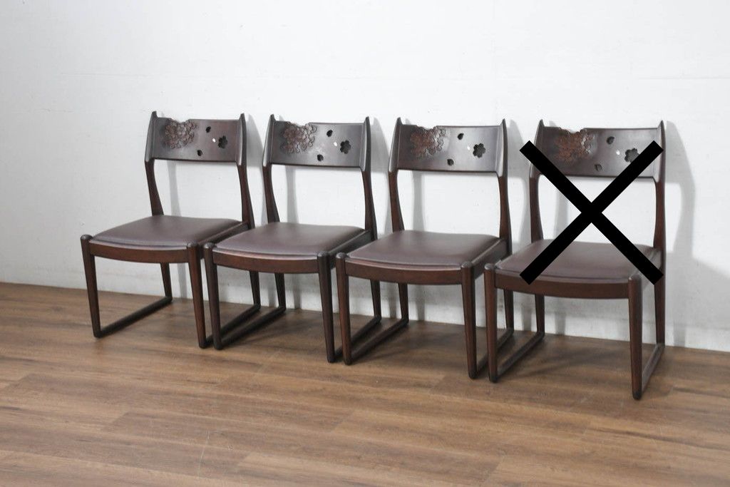 中古　超美品　元祖軽井沢彫　大坂屋家具店　繊細な桜の彫りが見事なKチェア3脚　セット定価約75万円　(R-082595)