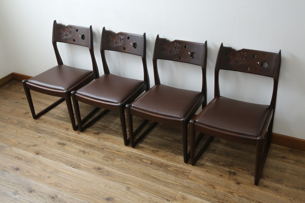 中古　超美品　元祖軽井沢彫　大坂屋家具店　繊細な桜の彫りが見事なKチェア4脚セット　定価(4脚合計)約100万円　(R-082597)