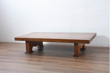 中古　美品　極厚天板　栓材　一枚板　側面玉杢材　美しい杢目が魅力の座卓(ローテーブル、センターテーブル、リビングテーブル)(R-082600)