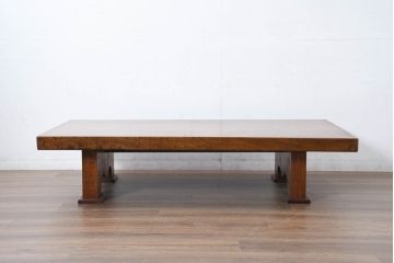 中古　美品　極厚天板　栓材　一枚板　側面玉杢材　美しい杢目が魅力の座卓(ローテーブル、センターテーブル、リビングテーブル)(R-082600)