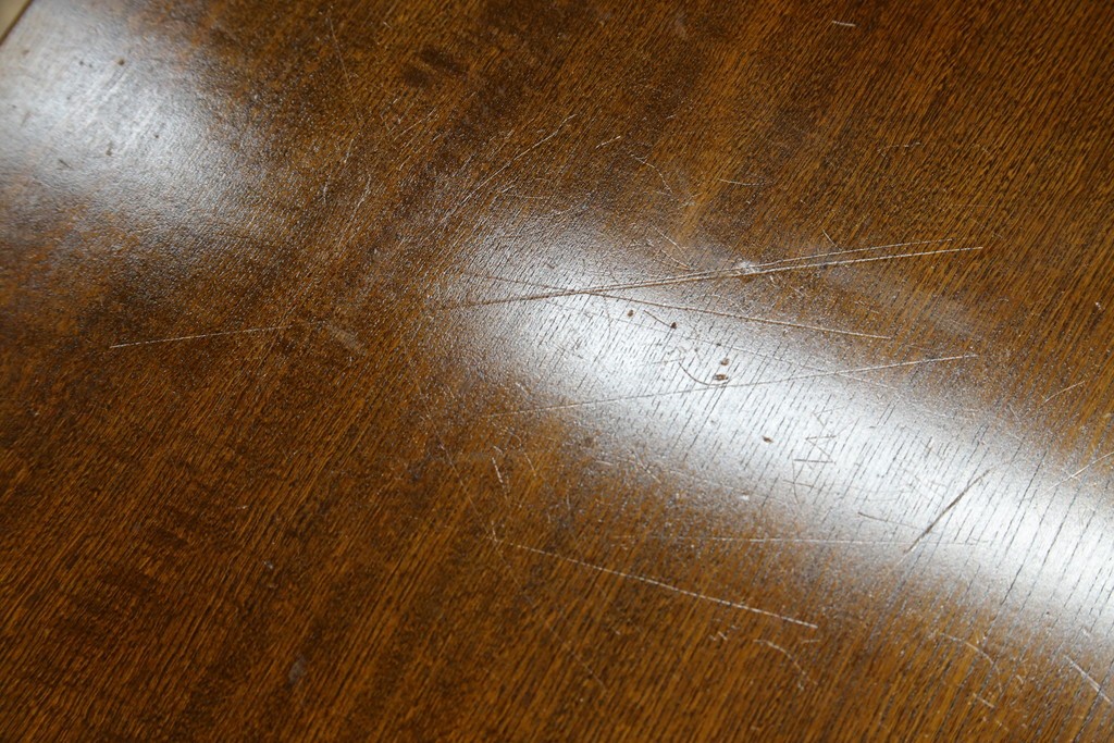 中古　美品　極厚天板　栓材　一枚板　側面玉杢材　深みのある杢目と艶やかな質感が美しいテーブルトップ　(R-082601)