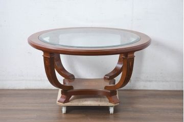 中古　イタリア　空間を格調高く演出する象嵌入りガラストップラウンドテーブル(丸テーブル、ガラストップテーブル、ローテーブル、センターテーブル、リビングテーブル)(R-082609)