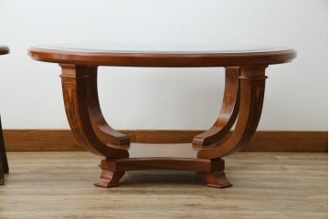 中古　イタリア　空間を格調高く演出する象嵌入りガラストップラウンドテーブル　(R-082609)