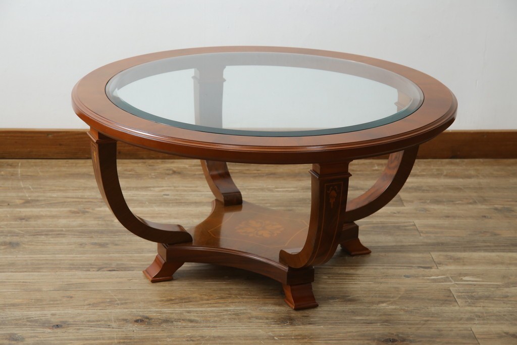 中古　イタリア　空間を格調高く演出する象嵌入りガラストップラウンドテーブル　(R-082609)