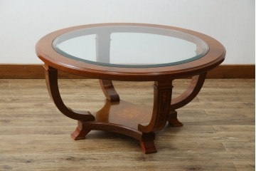 中古　イタリア　空間を格調高く演出する象嵌入りガラストップラウンドテーブル　(R-082609)