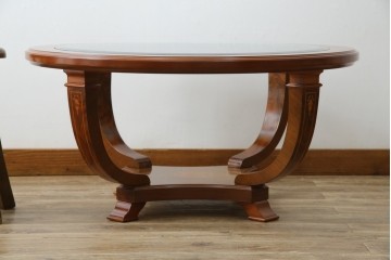 中古　イタリア　空間を格調高く演出する象嵌入りガラストップラウンドテーブル　(R-082609)