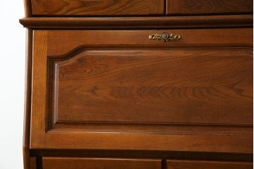 中古　美品!!　北海道旭川 近藤工芸　Solid Furniture OAK (ソリッドファニチャー オーク)　オーク材　クラシカルで上品な佇まいのビューローブックケース(ライティングビューロー、簿記机、本箱、本棚、飾り棚、収納棚、戸棚、ワークデスク、在宅用、在宅ワーク用)(R-082612)