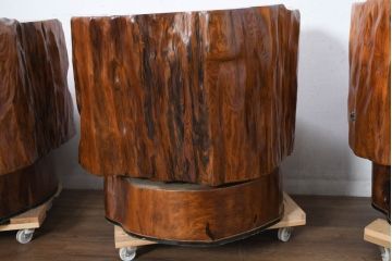 和製ビンテージ　民芸家具　尾久杉の無垢材を贅沢に用いた重厚感あふれる回転式チェア4脚セット(ダイニングチェア、イス、椅子、ヴィンテージ、バラ売り可能)(定価4脚で約165万円)(R-082617)