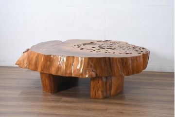 中古　民芸家具　極厚一枚板!無垢屋久杉を輪切りにした大振りの座卓(ローテーブル、センターテーブル、リビングテーブル)(定価約120万円)(R-082618)
