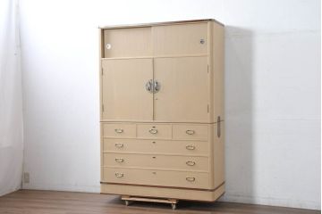 中古　美品　衣装盆付き　桑材のアクセントが美しい気品漂う桐箪笥(桐たんす、衣装箪笥、収納箪笥、着物箪笥、引き出し、和タンス、チェスト、バラ売り可能)(定価約170万円)(R-082619)