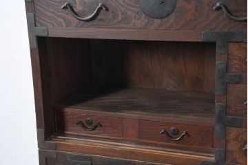 和製アンティーク　三方欅(ケヤキ)材　素晴らしい杢目の二段重ね帳場箪笥(重ね箪笥、収納棚、戸棚、時代箪笥、和タンス、収納箪笥、バラ売り可能)(R-082622)