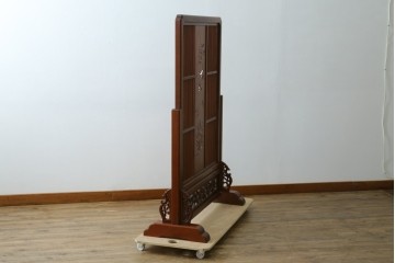 和製ビンテージ　花梨(カリン)材　透かし彫り　彫刻入り　竹梅・花鳥図　緻密な彫刻が施された美しい衝立て　(R-082631)