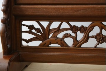 和製ビンテージ　花梨(カリン)材　透かし彫り　彫刻入り　竹梅・花鳥図　緻密な彫刻が施された美しい衝立て　(R-082631)