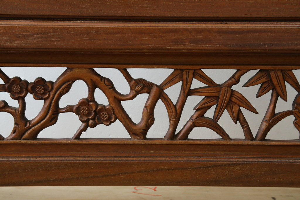 和製ビンテージ　花梨(カリン)材　透かし彫り　彫刻入り　竹梅・花鳥図　緻密な彫刻が施された美しい衝立て　(R-082631)