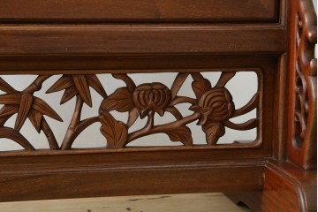 和製ビンテージ　花梨(カリン)材　透かし彫り　彫刻入り　竹梅・花鳥図　緻密な彫刻が施された美しい衝立て　(R-082631)