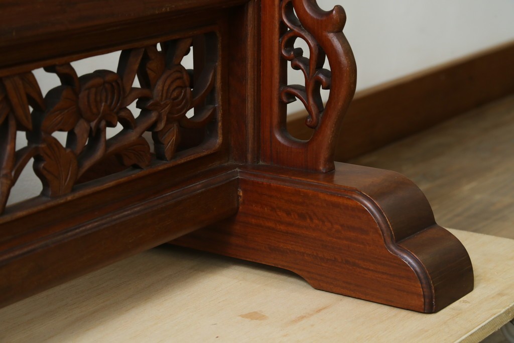 和製ビンテージ　花梨(カリン)材　透かし彫り　彫刻入り　竹梅・花鳥図　緻密な彫刻が施された美しい衝立て　(R-082631)