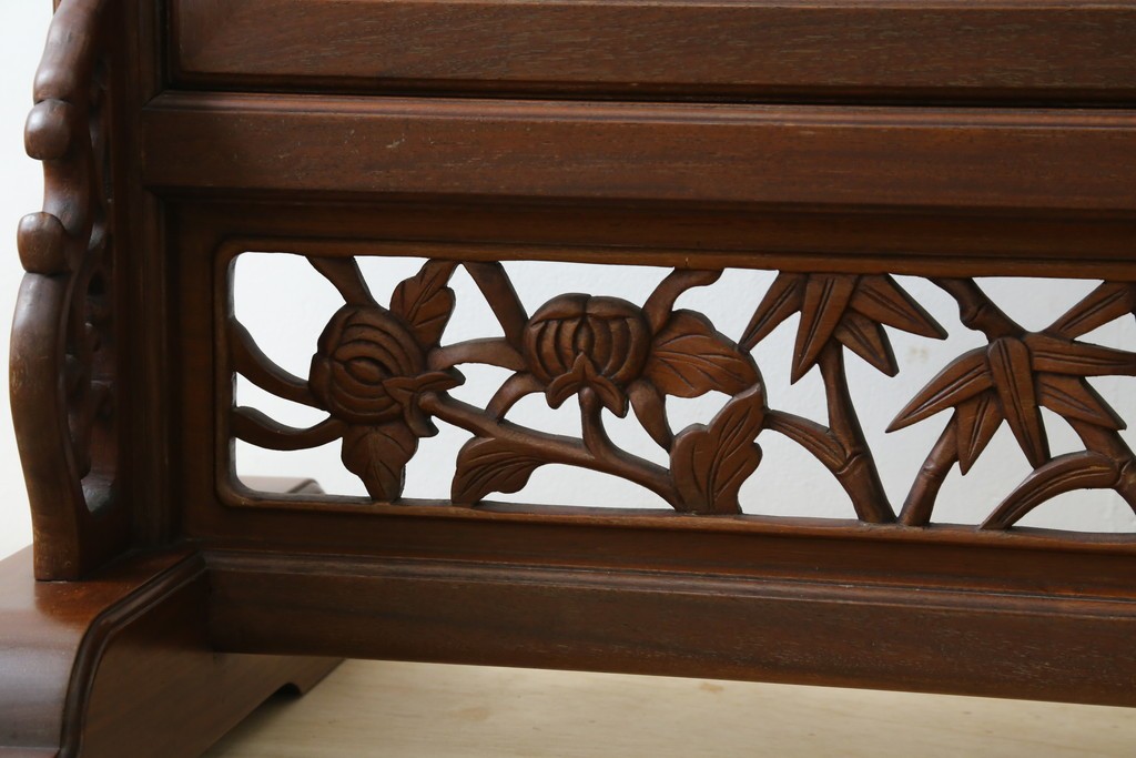 和製ビンテージ　花梨(カリン)材　透かし彫り　彫刻入り　竹梅・花鳥図　緻密な彫刻が施された美しい衝立て　(R-082631)