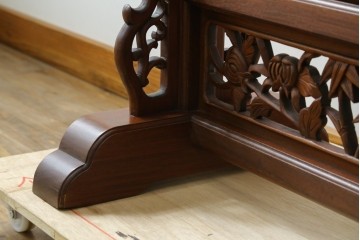 和製ビンテージ　花梨(カリン)材　透かし彫り　彫刻入り　竹梅・花鳥図　緻密な彫刻が施された美しい衝立て　(R-082631)