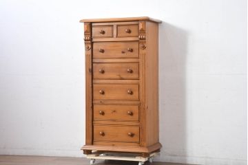 中古　美品　アメリカ輸入家具　パイン材　縦型　カントリースタイルの空間づくりにおすすめのトールチェスト(サイドチェスト、引き出し)(R-082646)