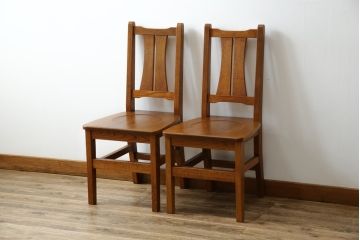 和製ビンテージ　高級品　Oak Village(オークウィレッシ)製　総楢(ナラ)材　上質な作りのダイニングチェア2脚セット(Dチェア、板座チェア、アームレスチェア、椅子、イス、ヴィンテージ、バラ売り可能)(R-082652)